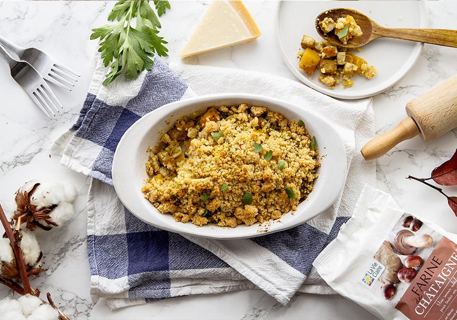 Crumble de potimarron au parmesan et à la farine de noix La Vie Claire