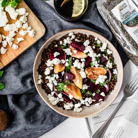 Salade de betterave rôtie, lentilles, figue et feta